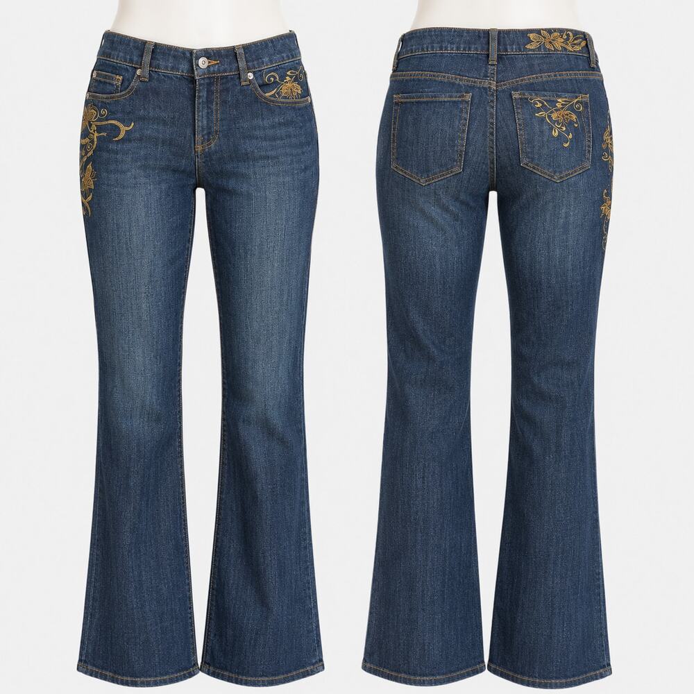 Chico's Platinum Embroidered Bootcut Jeans Women's Size 6 Blue Mid Rise Stretch